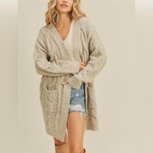 Miracle, Beige Cable Knit Chenille Open Front Cardigan, var size